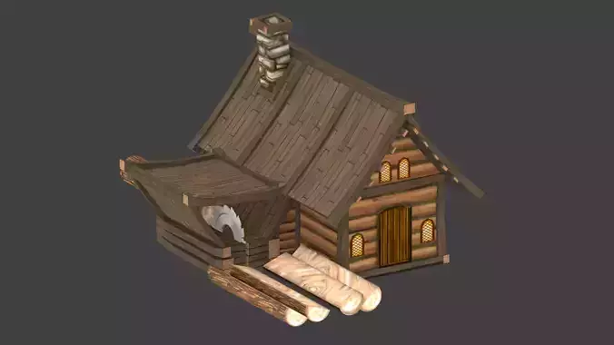Lowpoly animated fantasy Lumbermill Low-poly 3D model