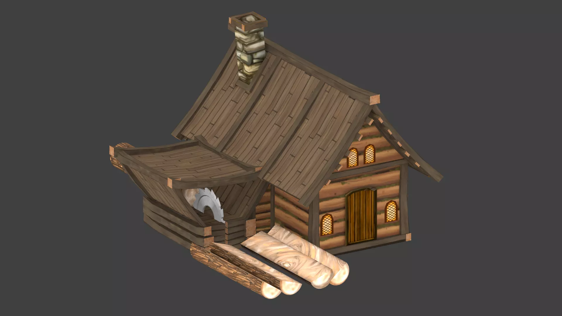Lowpoly animated fantasy Lumbermill Low-poly 3D model_0