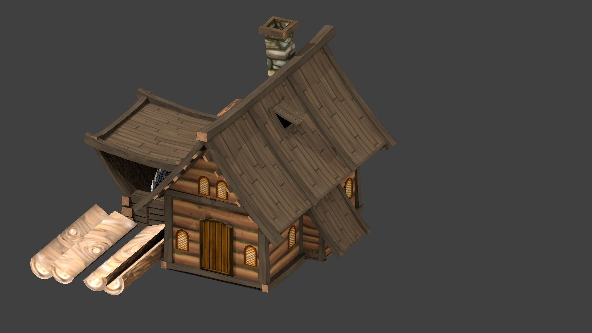 Lowpoly animated fantasy Lumbermill Low-poly 3D model_5