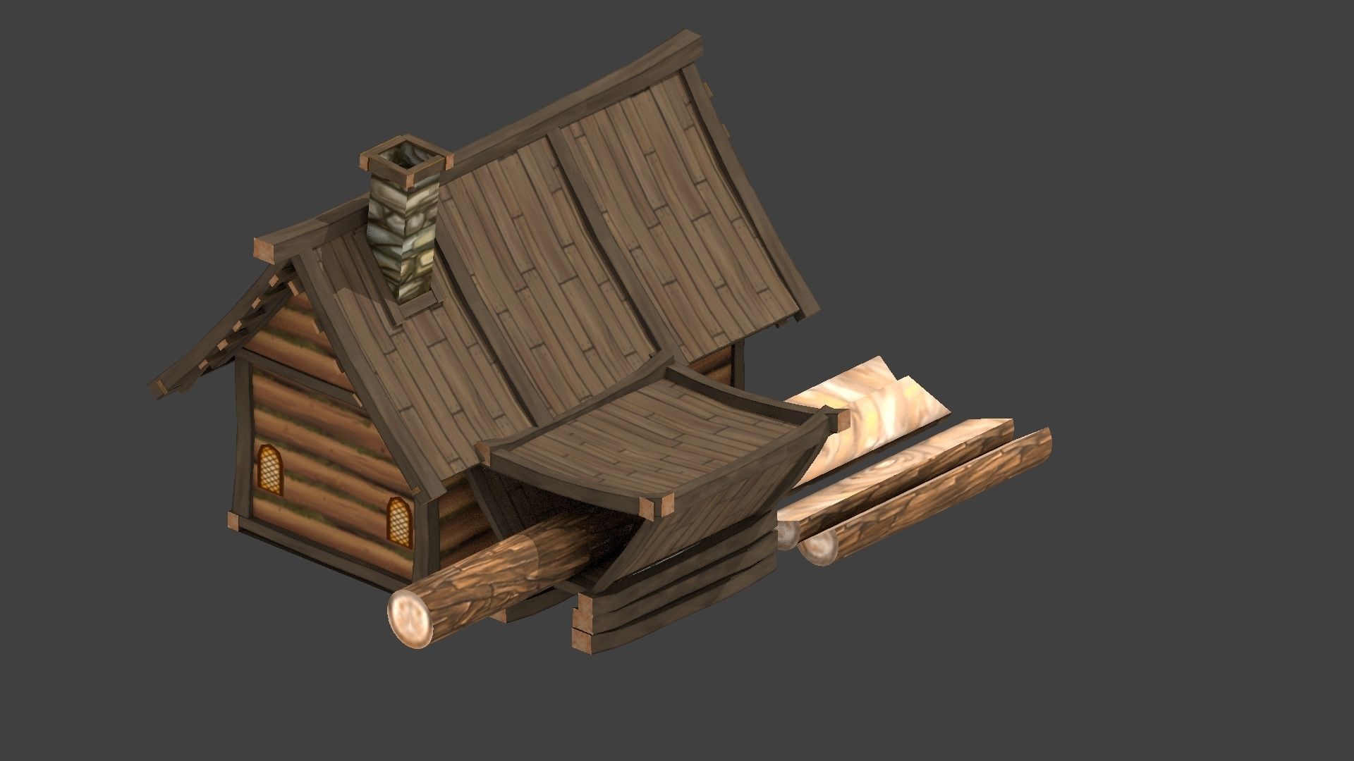 Lowpoly animated fantasy Lumbermill Low-poly 3D model_8