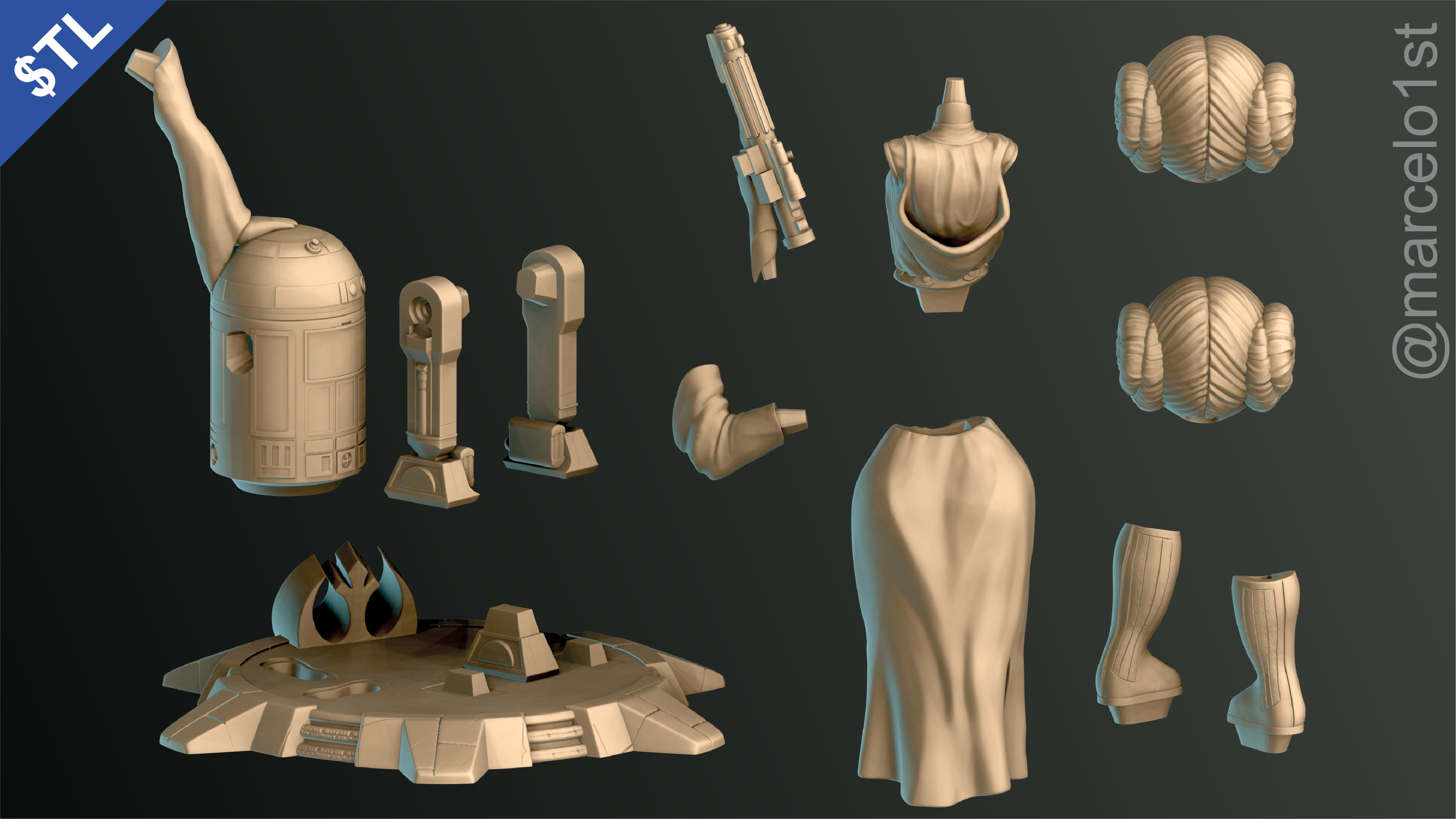 Princess Leia and R2D2 3D print model_3