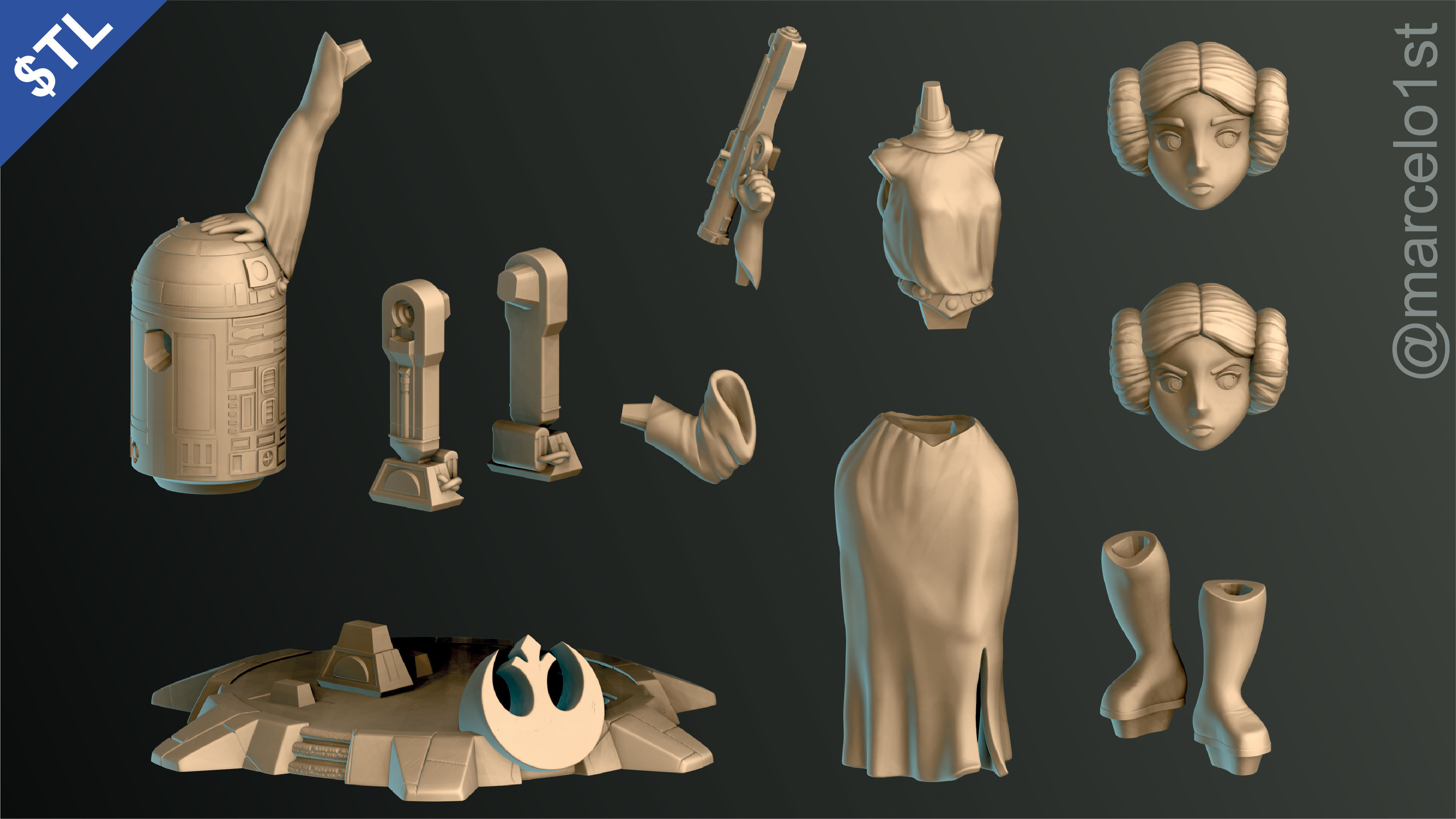 Princess Leia and R2D2 3D print model_2