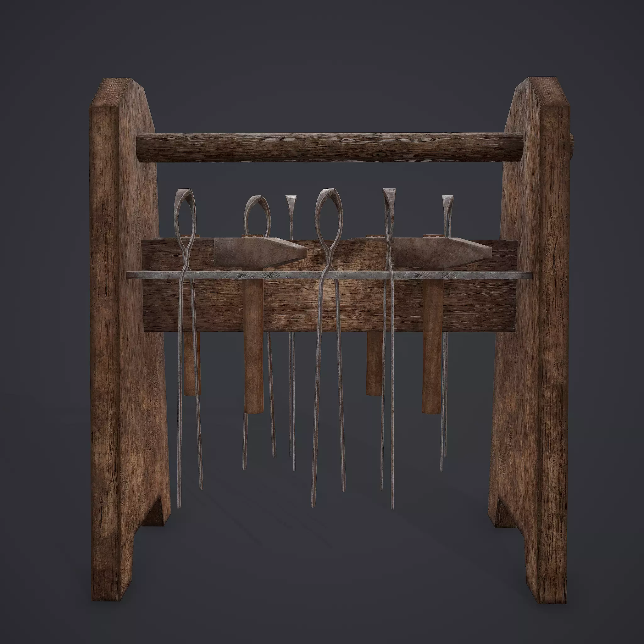 Medieval Blacksmith Tool Rack Low-poly 3D model_0