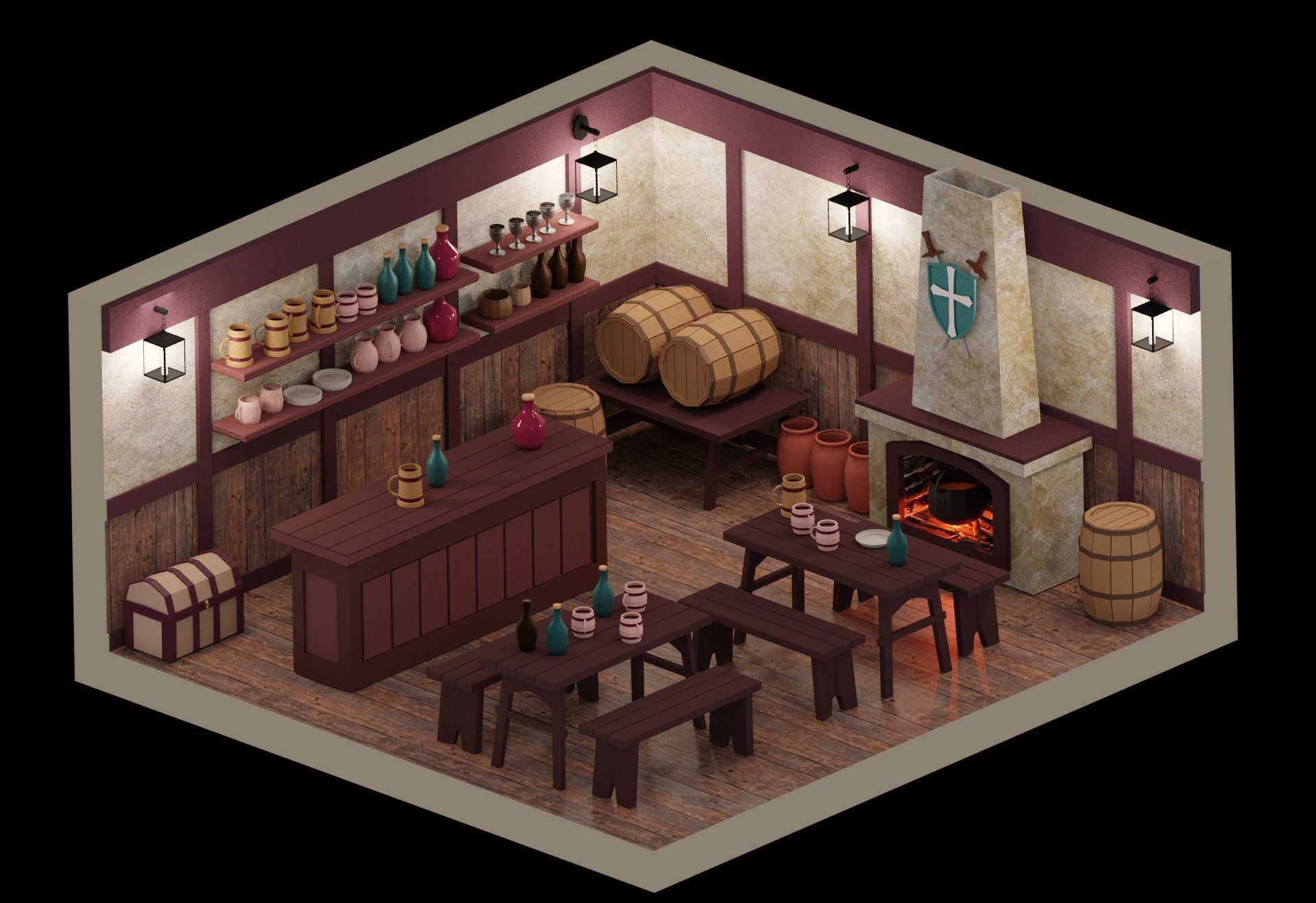 Low Poly Tavern Medieval Low-poly 3D model_1