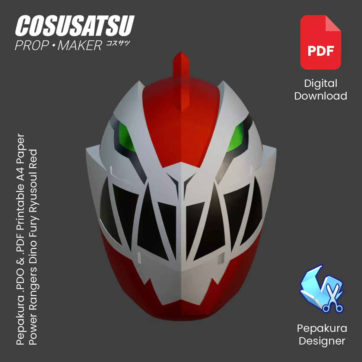 DIY Power Rangers Dino Fury Red Helmet Cosplay EVA Foam Template 3D model_0