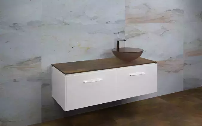 Bathrooms bathroom with wooden sink and tiled walls