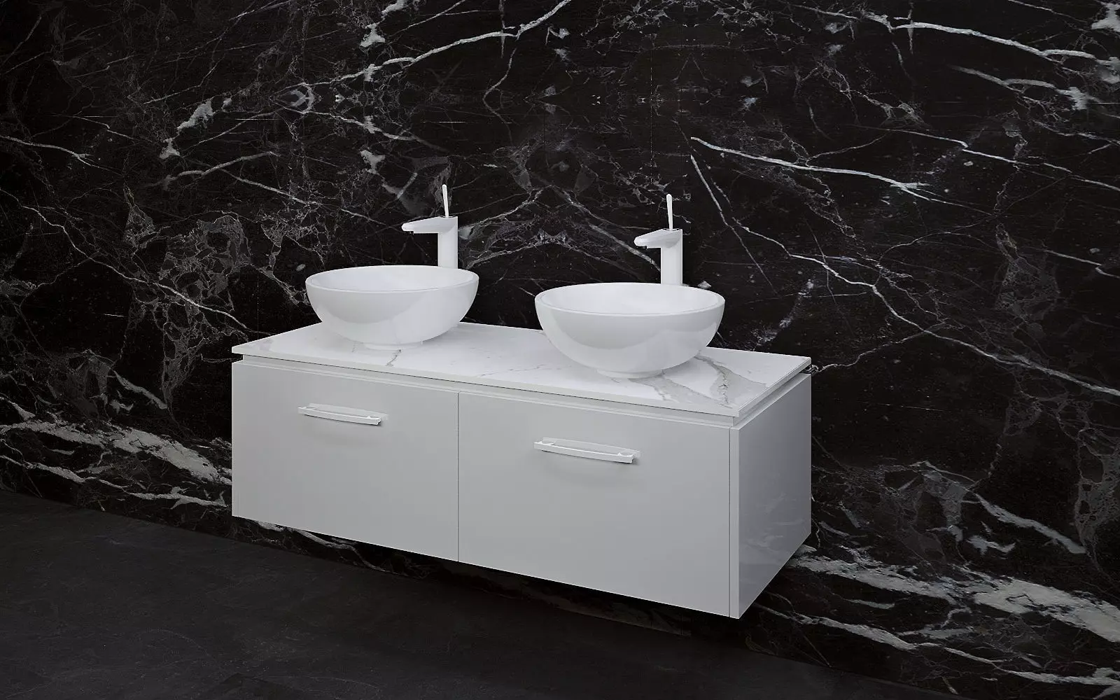 Bathrooms two sinks with marble wall 3D model_0