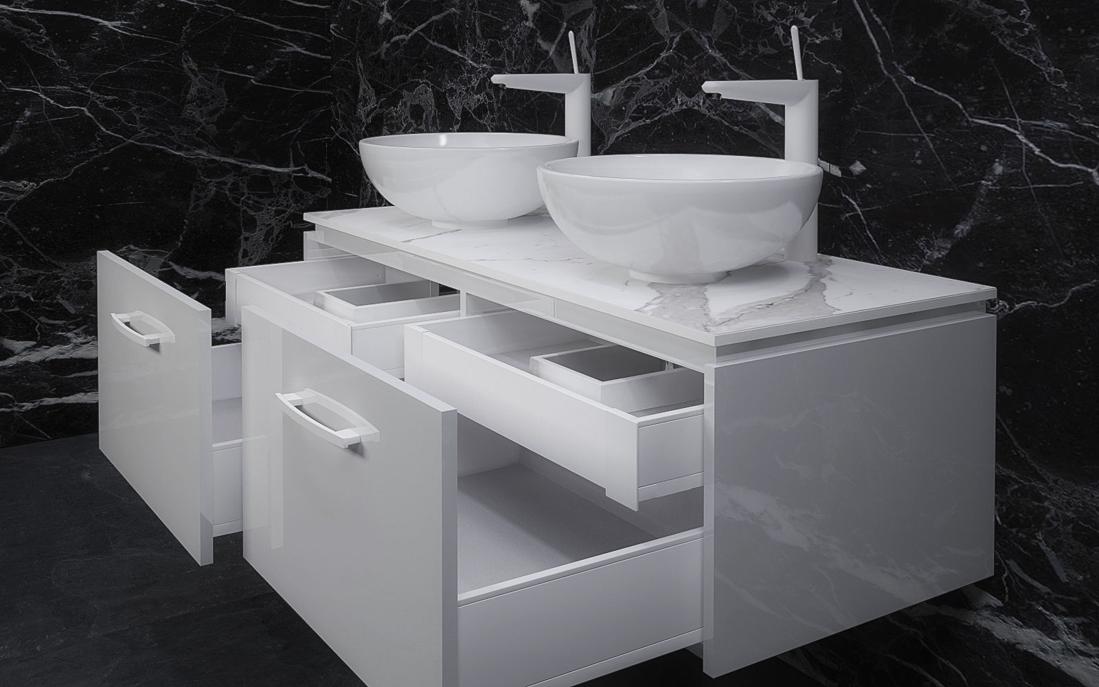 Bathrooms two sinks with marble wall 3D model_2