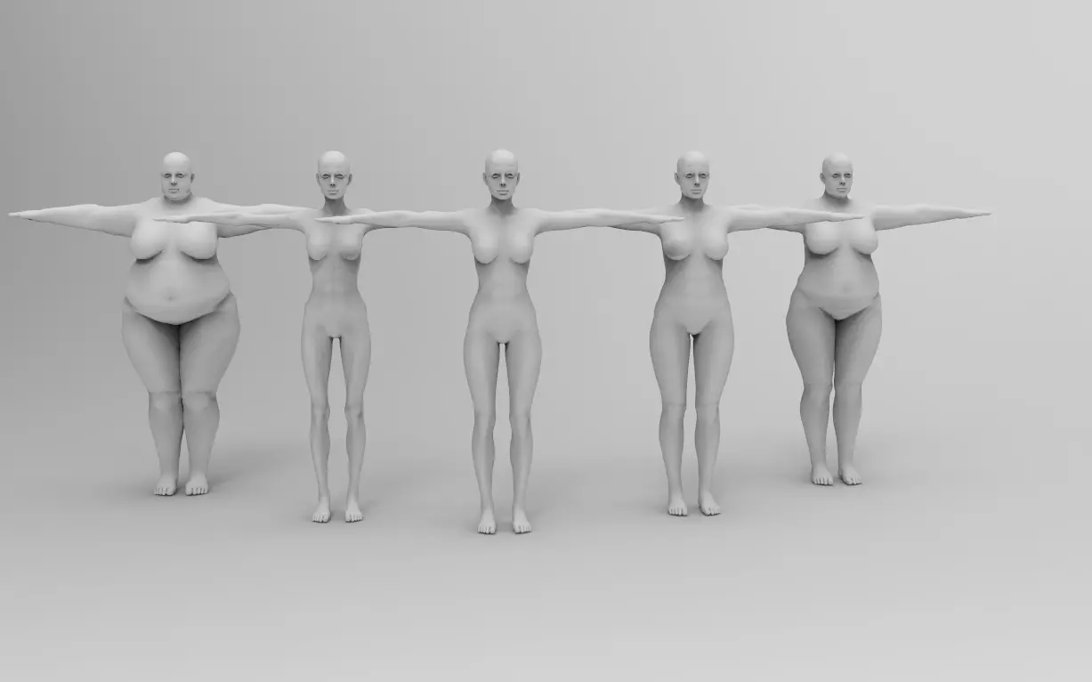 Five Different Female Body T pose Low-poly 3D model_0