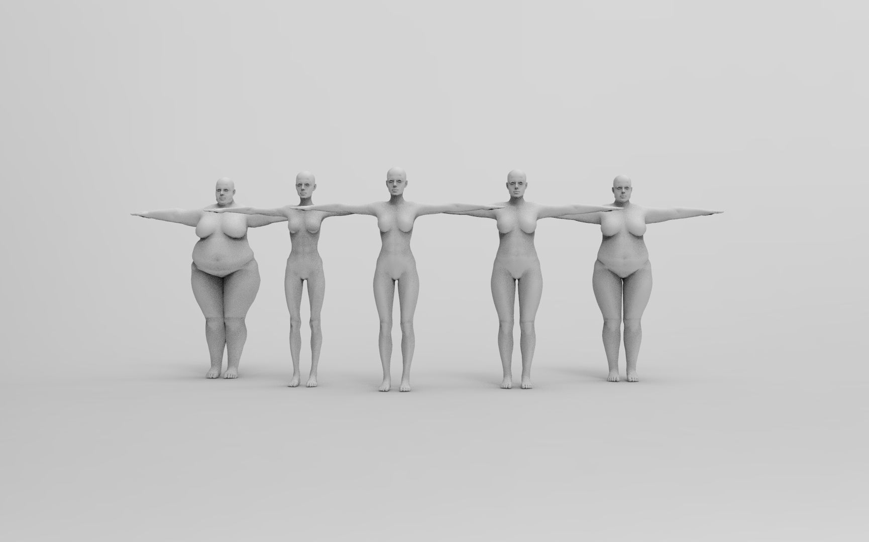 Five Different Female Body T pose Low-poly 3D model_2