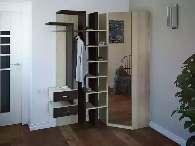 corner wardrobe with mirror and hangers
