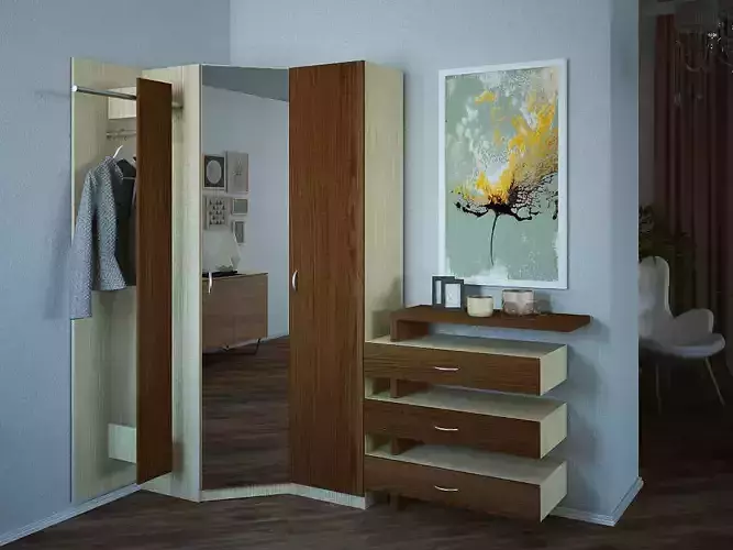 corner wardrobe with mirror and hangers