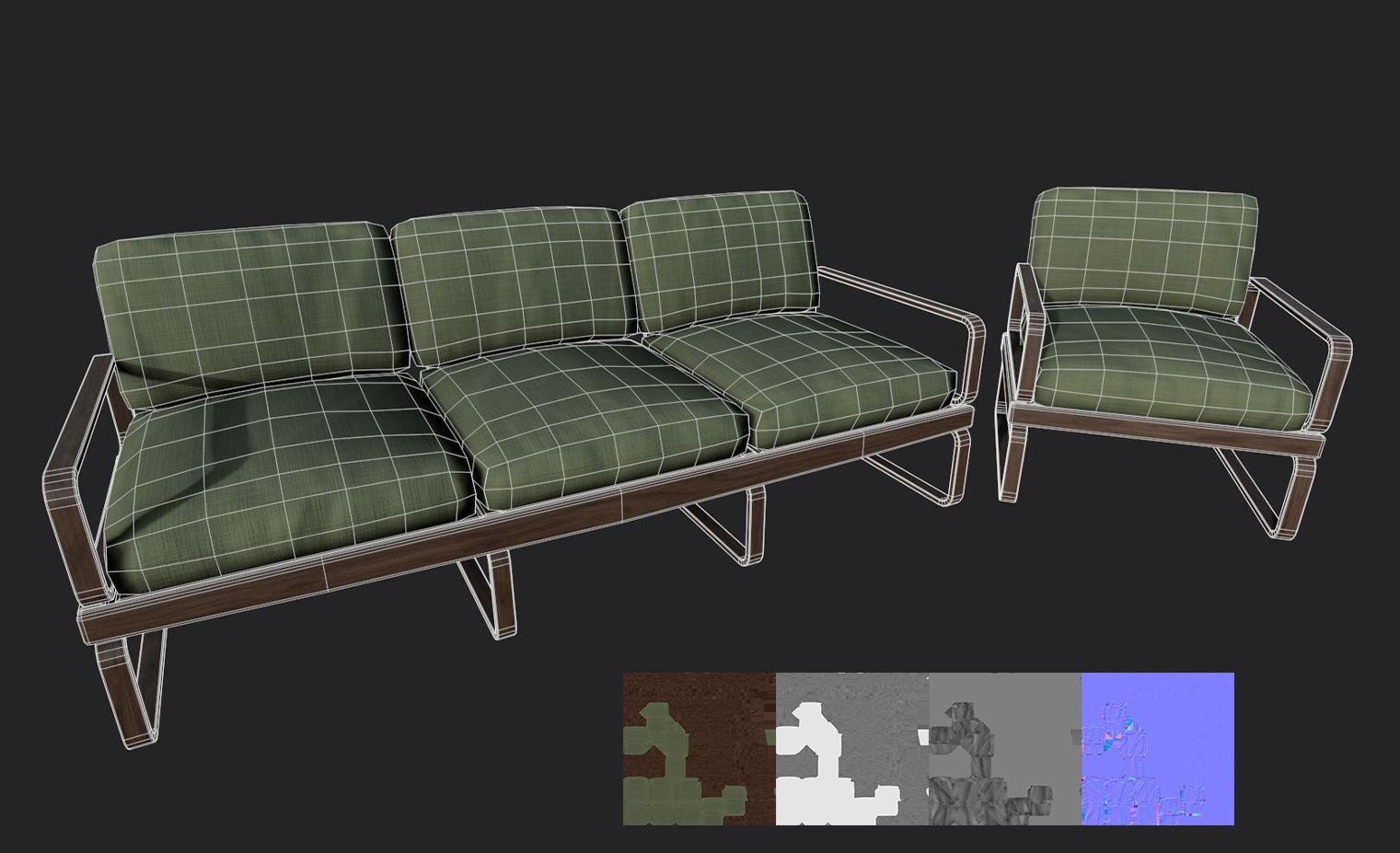 Sofa - Retro 1970s style sofa and chair Low-poly 3D model_4