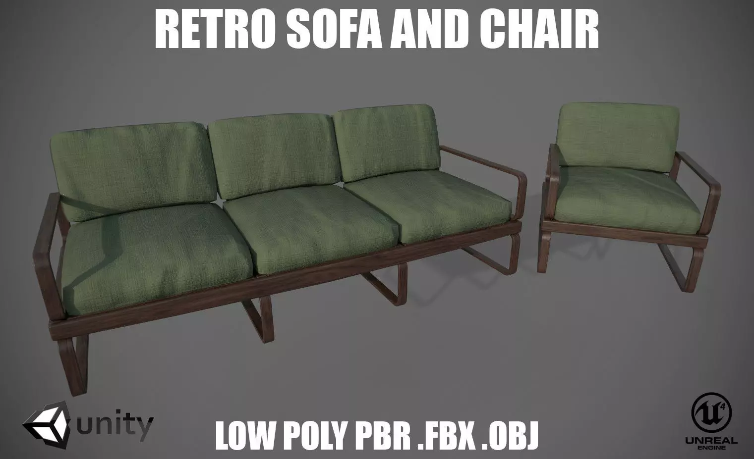 Sofa - Retro 1970s style sofa and chair Low-poly 3D model_0