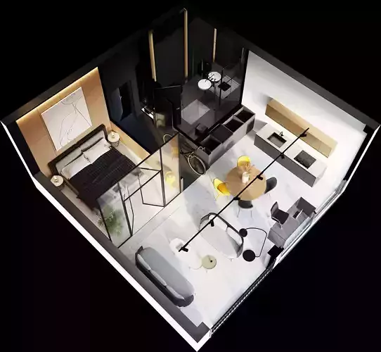 3D plan of cozy modern interior from top and perspective angles