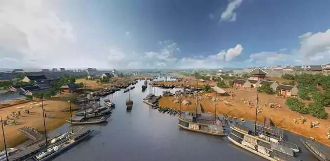 3DMAX model  Ancient Chinese wharf and canal shipping