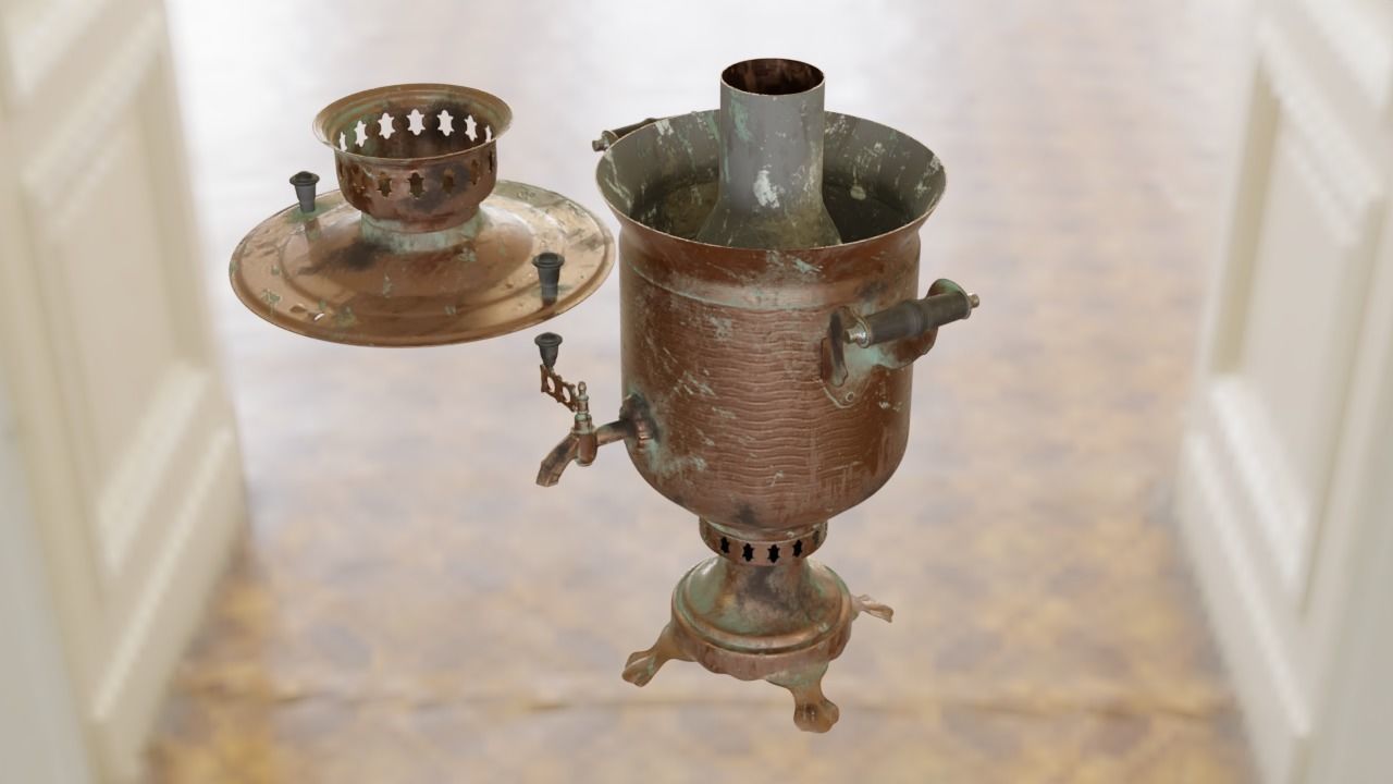 Samovar Set old copper coffee pot hanging on wall 3D model_4