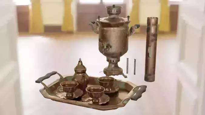 Samovar Set old copper coffee pot hanging on wall 3D model