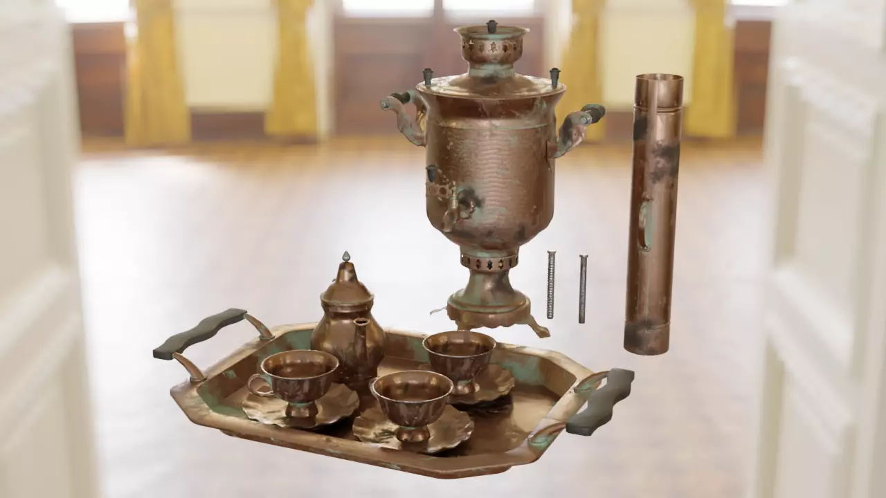 Samovar Set old copper coffee pot hanging on wall 3D model_0