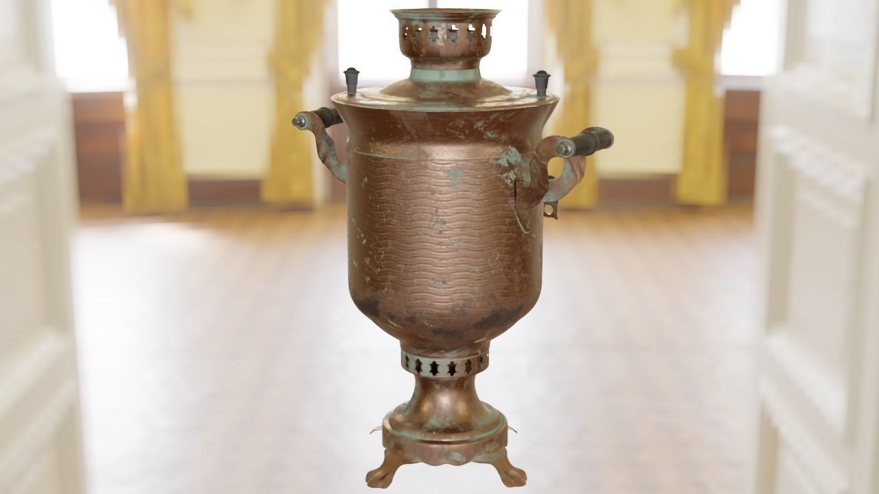 Samovar Set old copper coffee pot hanging on wall 3D model_6