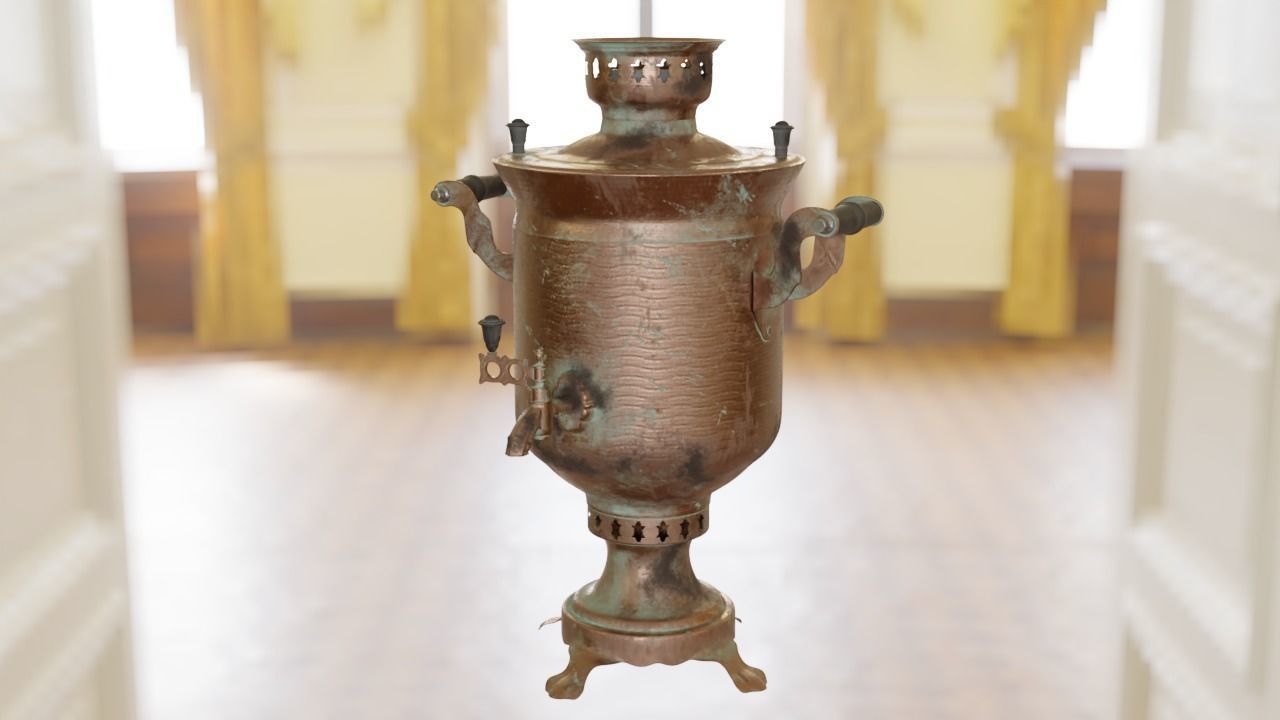 Samovar Set old copper coffee pot hanging on wall 3D model_5