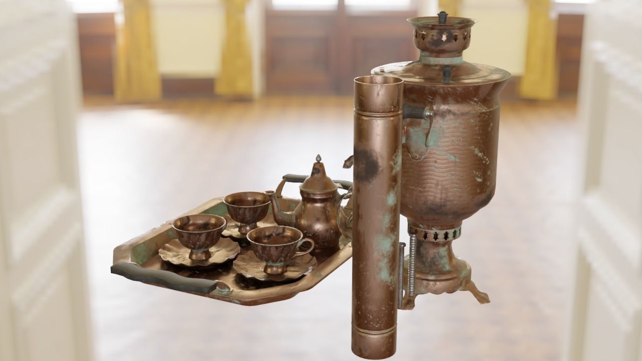 Samovar Set old copper coffee pot hanging on wall 3D model_3