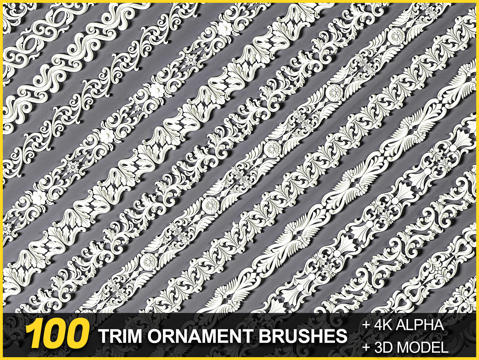 100 Seamless Trim Ornament Brushes 4K Alpha and 3DModels 3D model_1