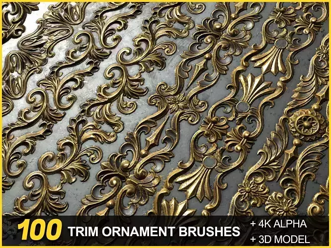 100 Seamless Trim Ornament Brushes 4K Alpha and 3DModels 3D model