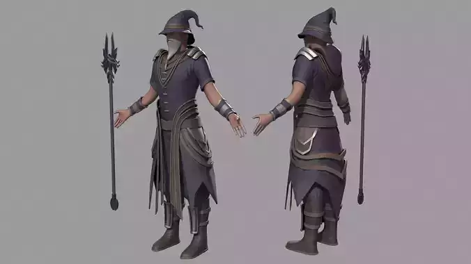 Magician character wearing robe and hat 3D model