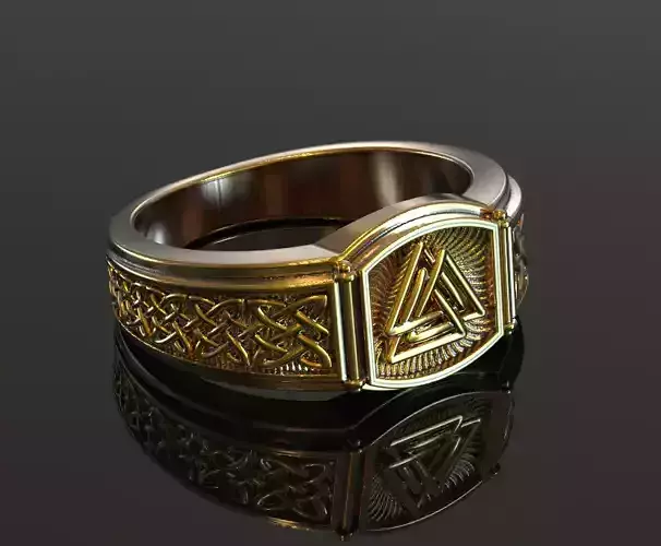 Viking signet ring with pagan valknut symbol and norse ornament