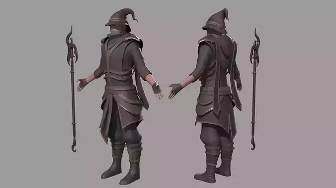 Magician character wearing cloak and hat 3D model