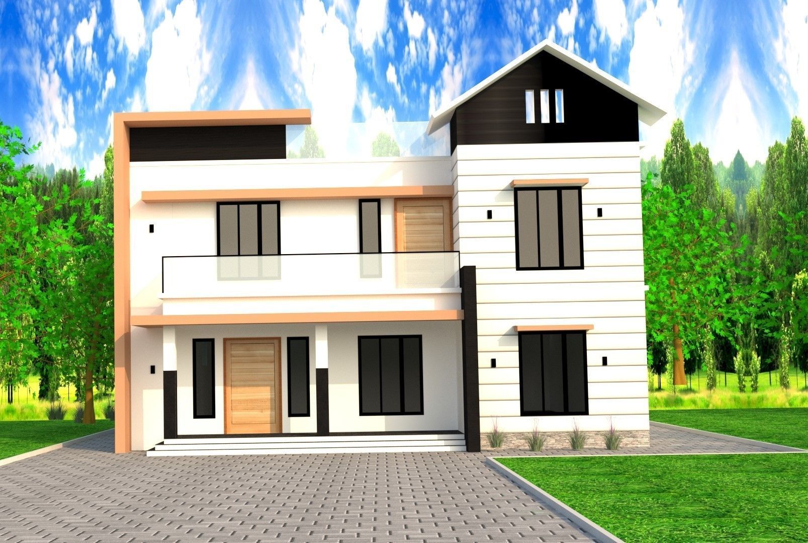 Modern-House house with two stories and balcony 3D model_1