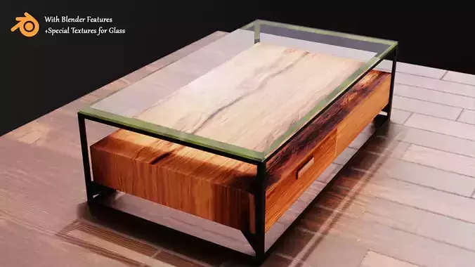 Glass Table with Wood Block Low-poly 3D model