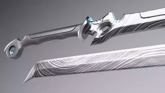 Damascus Cyberpunk Katana and Machete