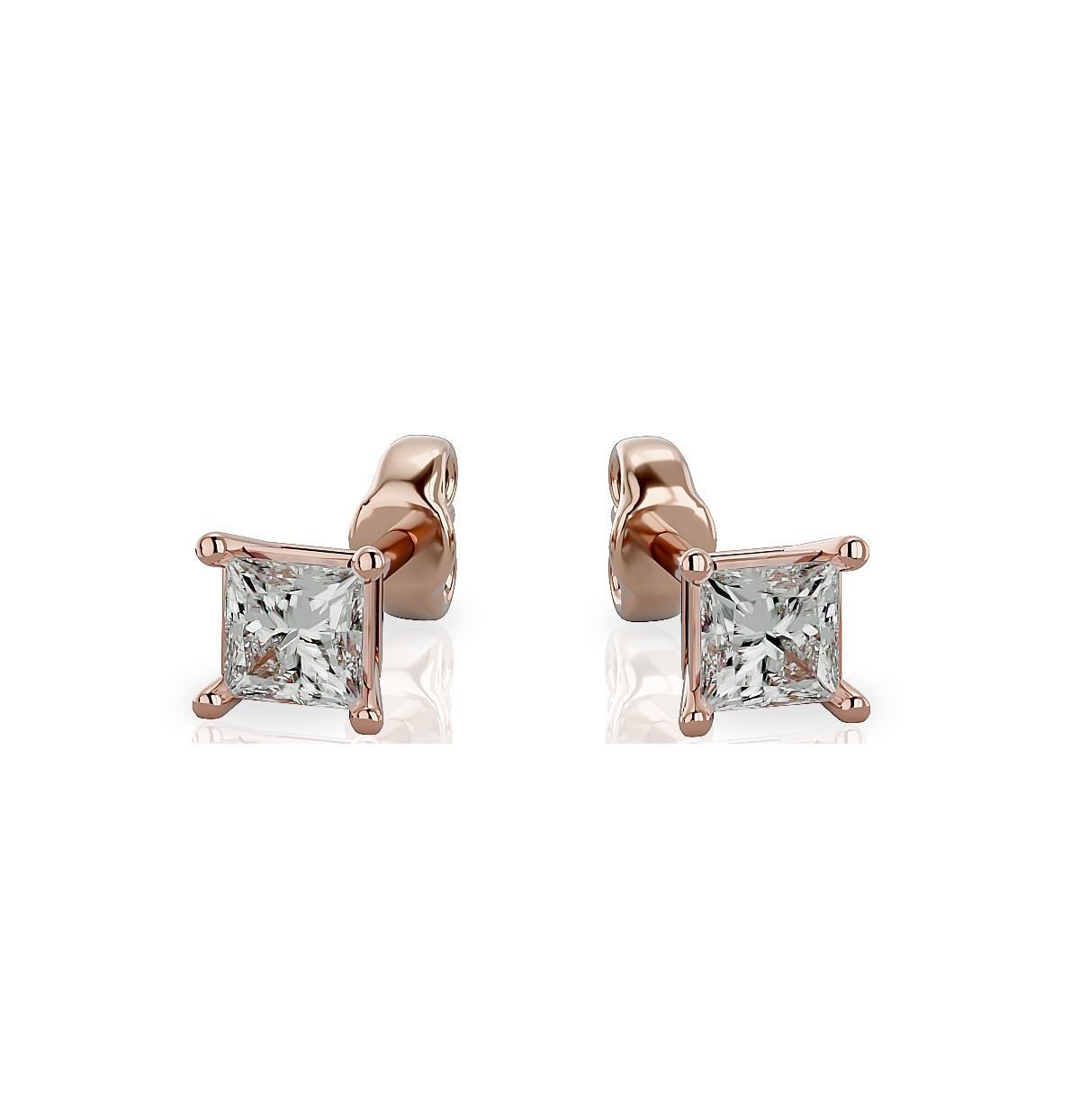 Earrings-103 princess cut diamond stud earring in rose gold 3D print model_1