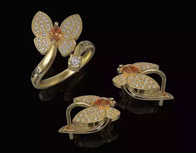 Simple Butterfly Ring and Earrings  3D Model Collection