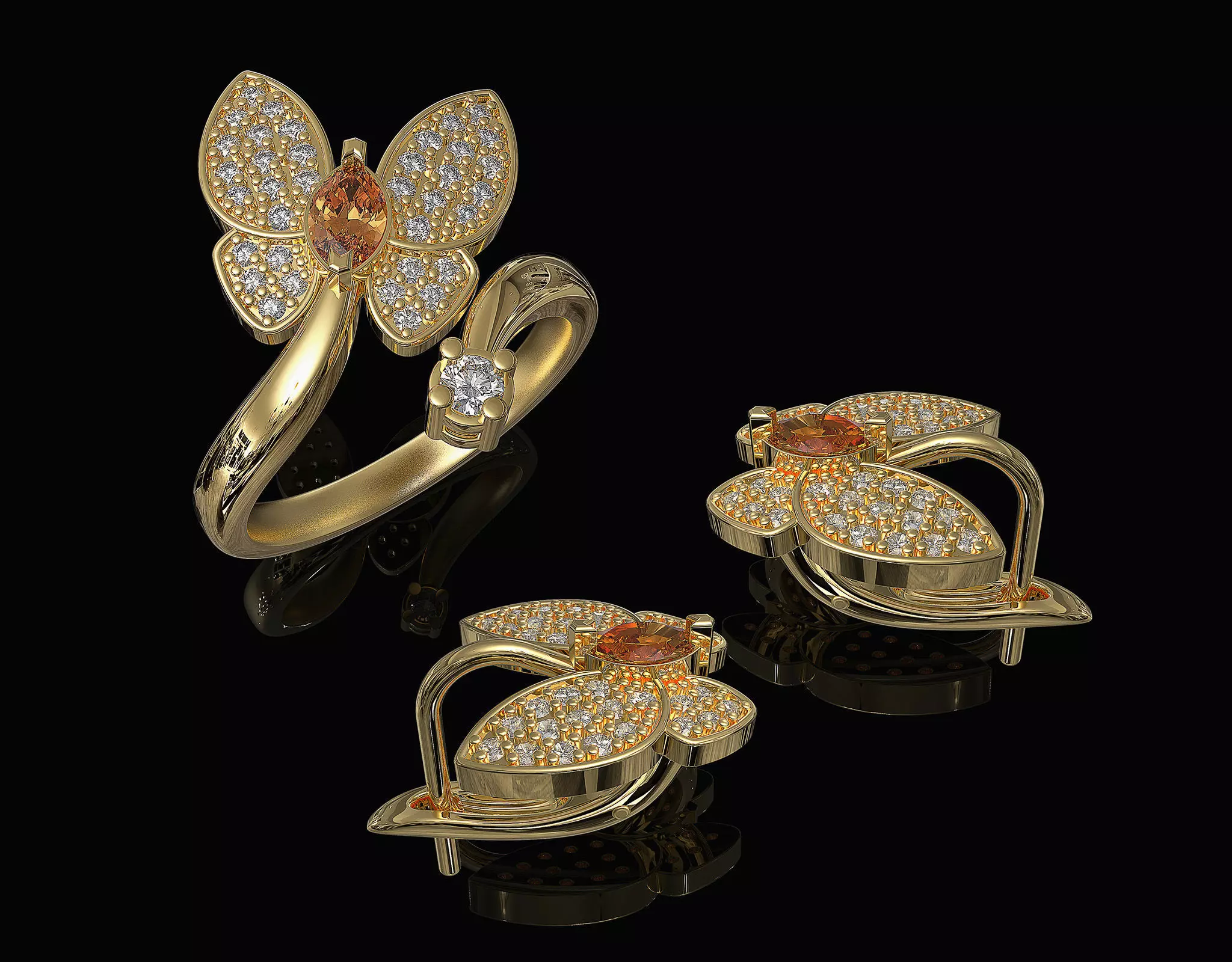 Simple Butterfly Ring and Earrings  3D Model Collection_0