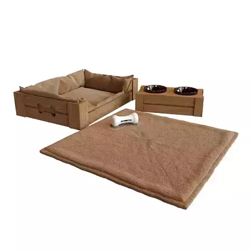 Wooden dog bed with mattress and feeding station 3D model