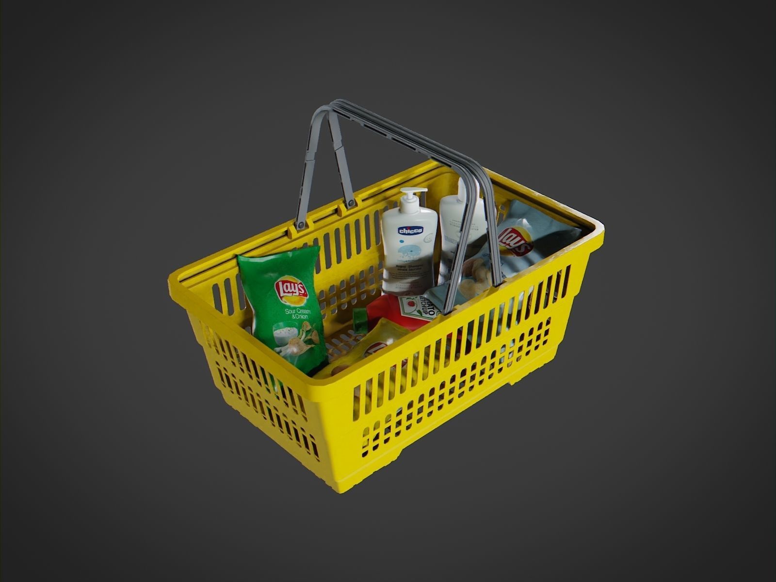 Shopping Basket with Products Low-poly 3D model_1