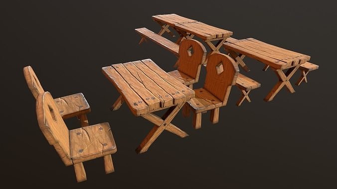 Tavern wooden set Low-poly 3D model