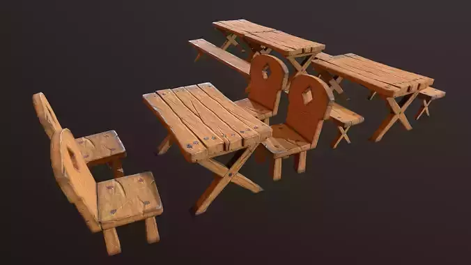 Tavern wooden set Low-poly 3D model