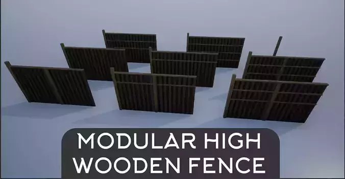 Modular High Wooden Fence Low-poly 3D model