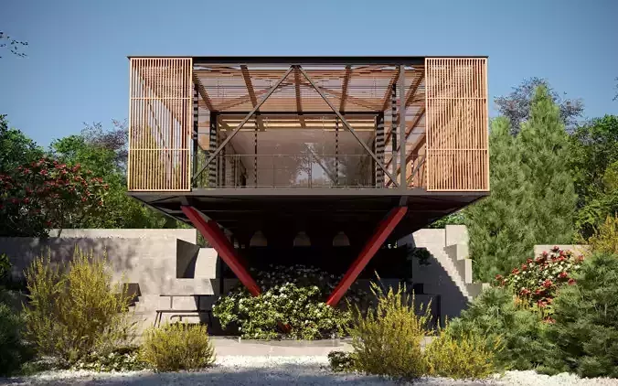 Slatted wood encloses glass Engawa House 