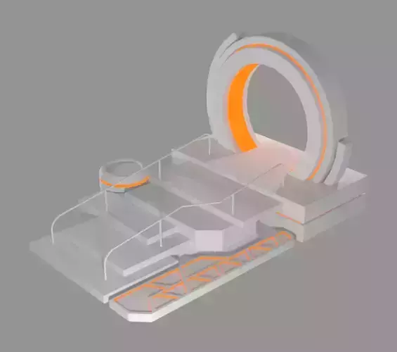 Teleport futuristic space station with stairs and circular door