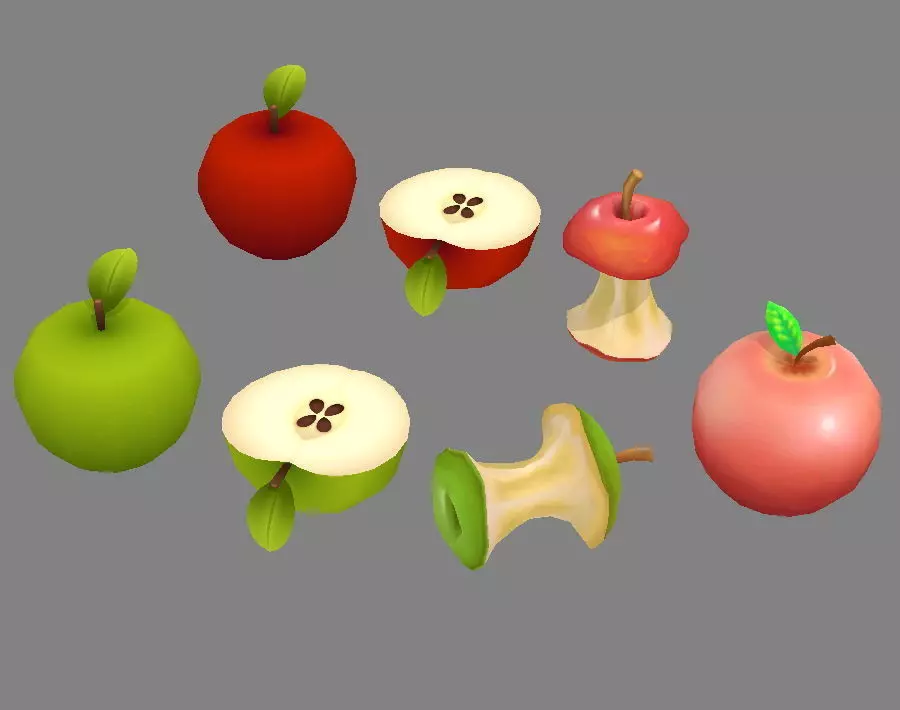 Cut apples - Apple core- Red apple - Green apple Low-poly 3D model_0