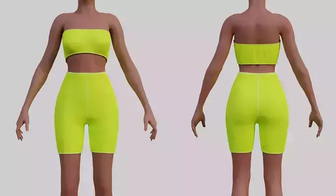 Neon Biker shorts set - 2 piece shorts and tube top outfit Low-poly 3D model
