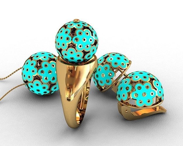 Ball set 3D print model gold ring with turquoise balls 3D print model
