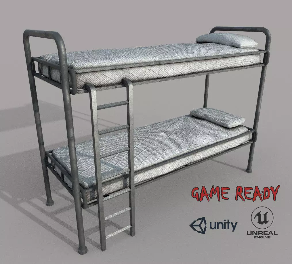 Old Bunk Bed Mattress and Pillows Low-poly 3D model_0