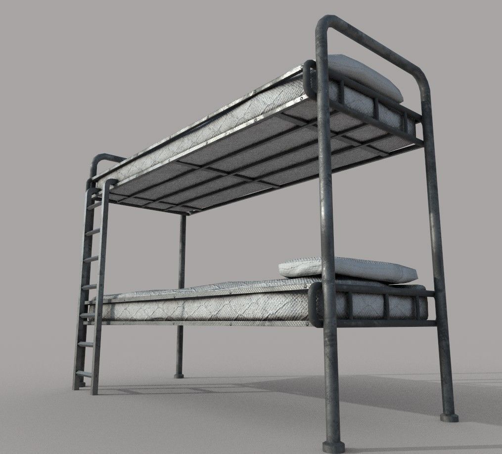 Old Bunk Bed Mattress and Pillows Low-poly 3D model_2