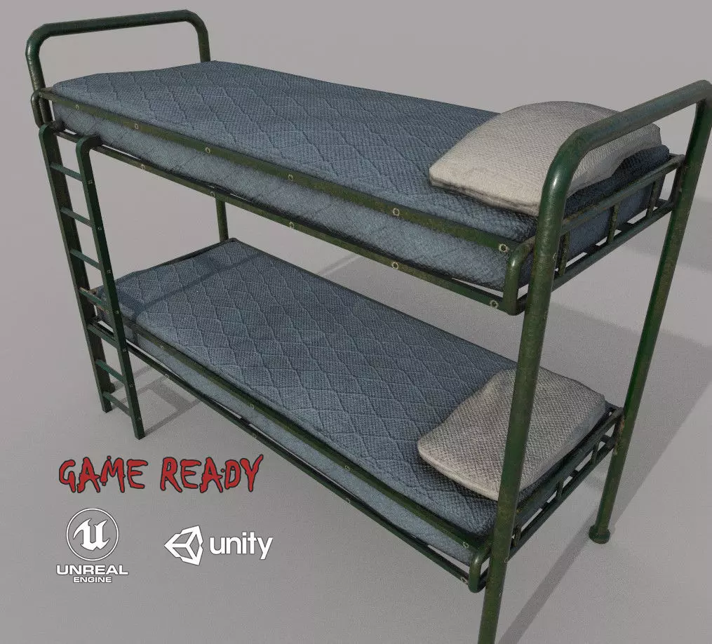 Old Green Bunk Bed Mattress and Pillows Low-poly 3D model_0